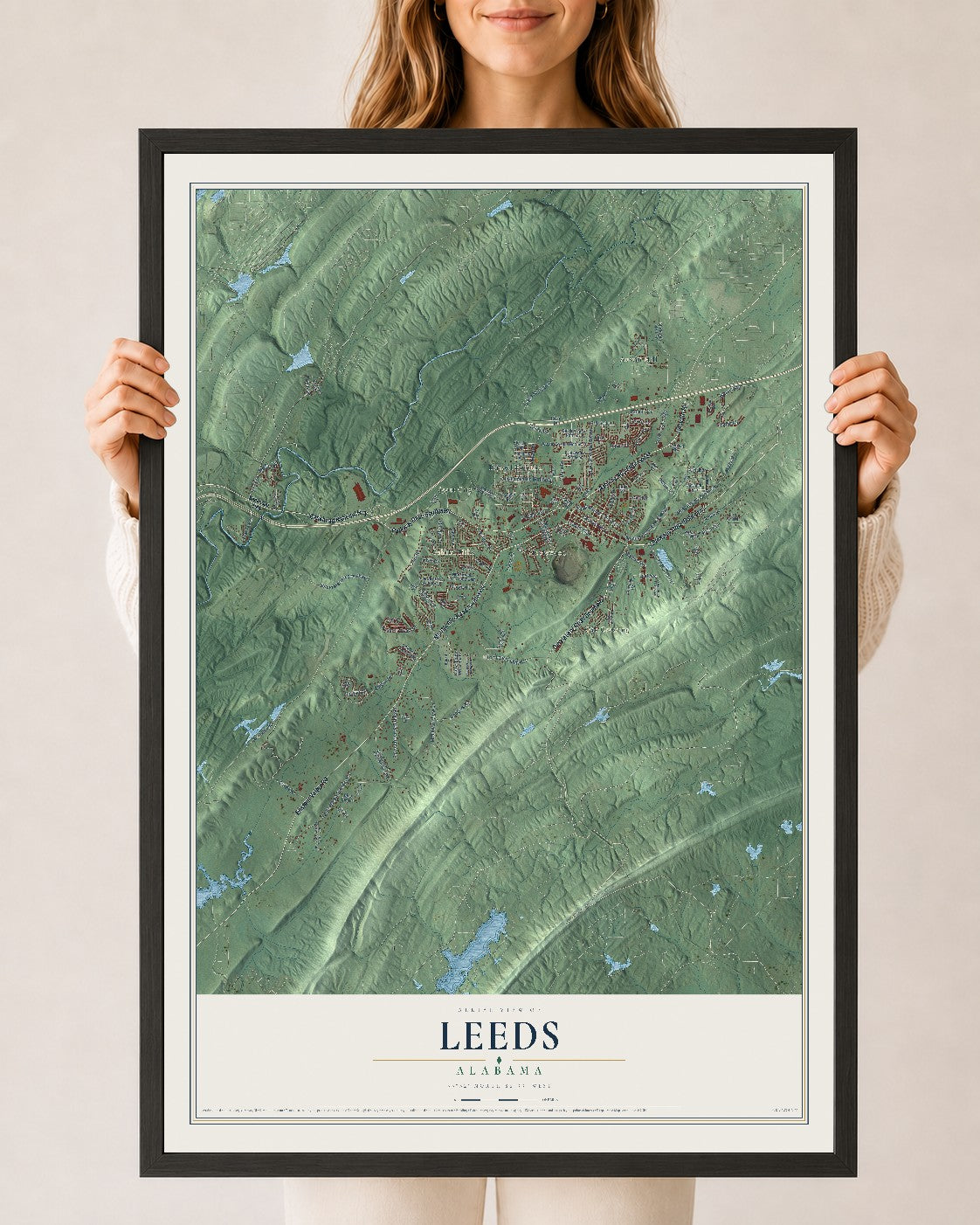 Map of Leeds, Alabama, 24 x 36 inch print in a black wood frame