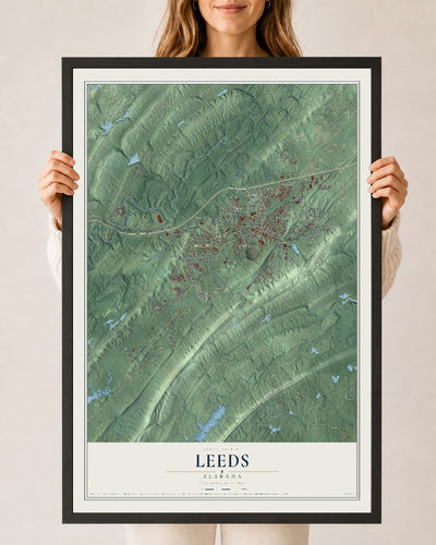 Map of Leeds, Alabama, 24 x 36 inch print in a black wood frame