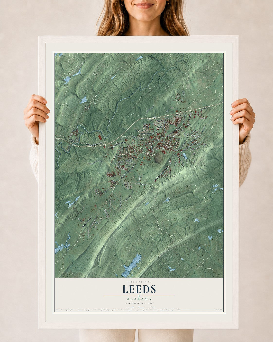 Map of Leeds, Alabama, 24 x 36 inch print in a white wood frame