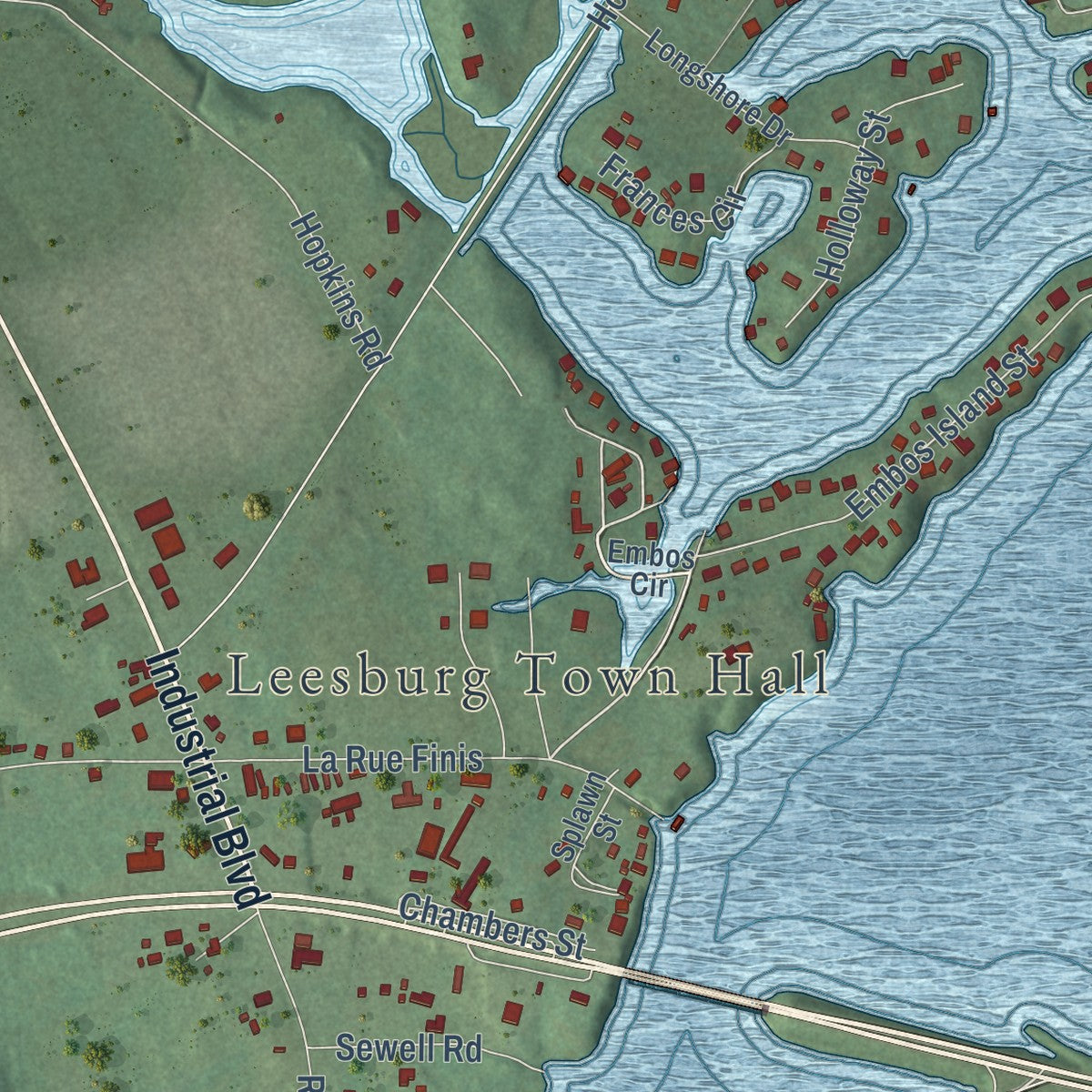 Close-up of the map of Leesburg, Alabama print showing street and building detail