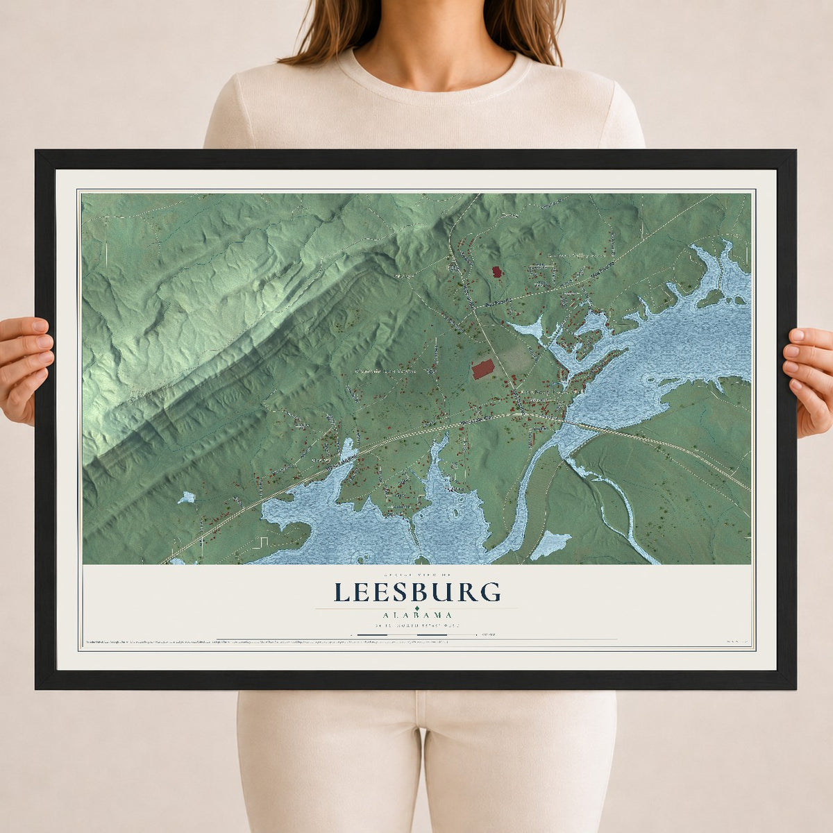 Map of Leesburg, Alabama, 18 x 24 inch print in a black wood frame