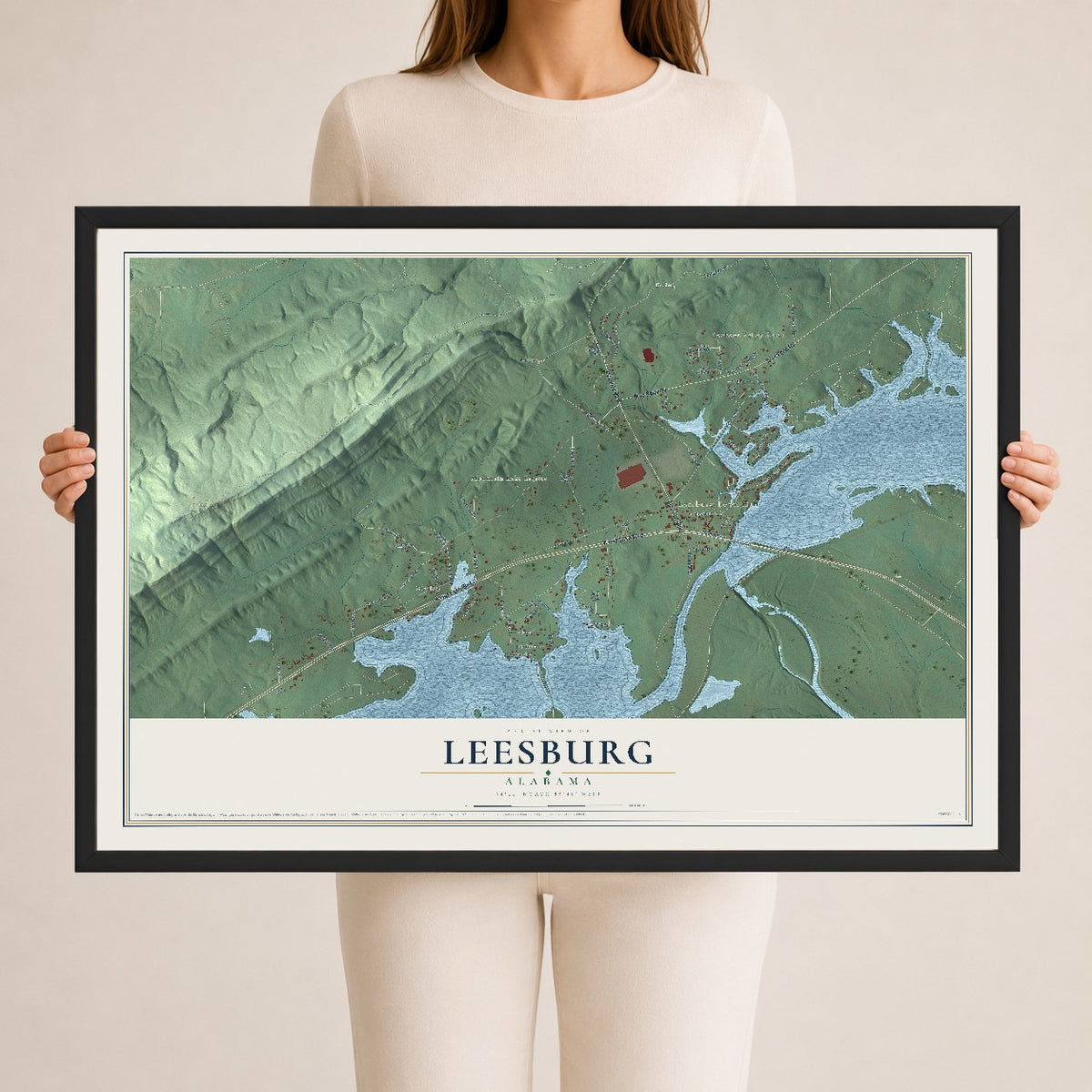 Map of Leesburg, Alabama, 24 x 36 inch print in a black wood frame