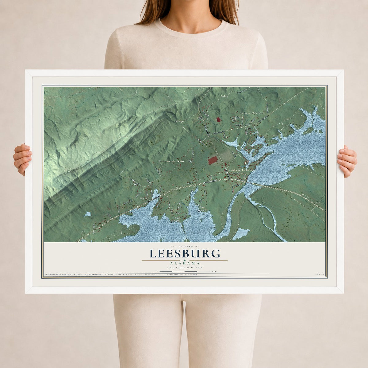 Map of Leesburg, Alabama, 24 x 36 inch print in a white wood frame