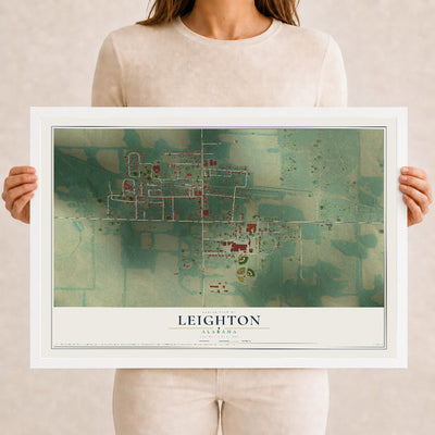Map of Leighton, Alabama, 12 x 18 inch print in a white wood frame