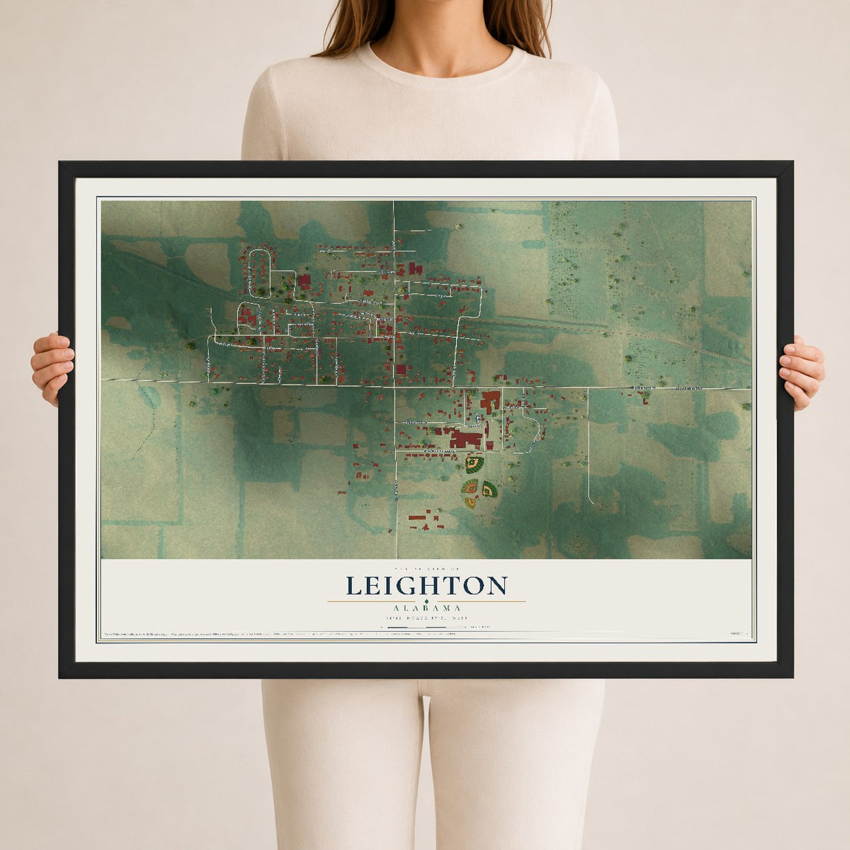 Map of Leighton, Alabama, 24 x 36 inch print in a black wood frame
