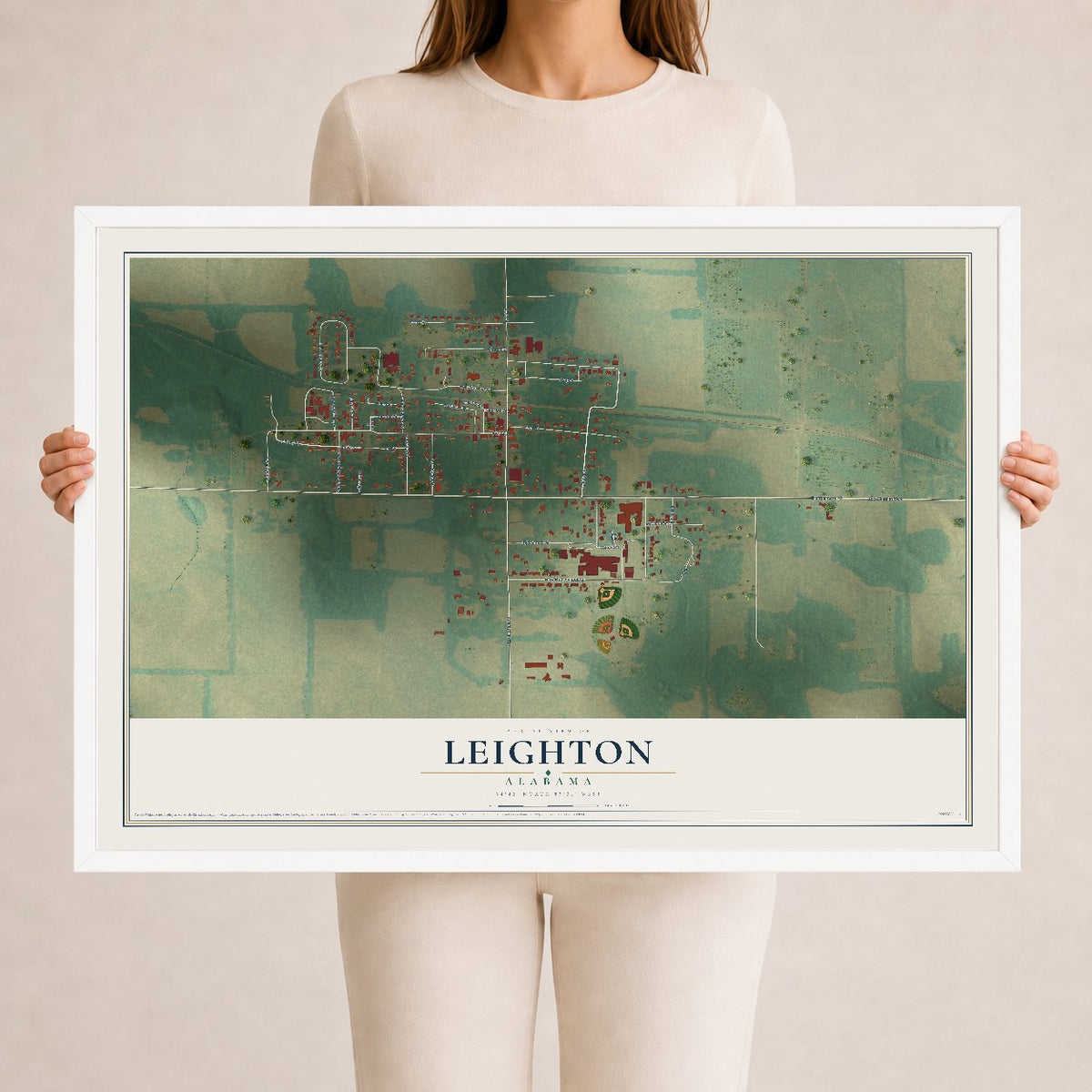 Map of Leighton, Alabama, 24 x 36 inch print in a white wood frame