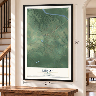 Leroy, Alabama map, 24 x 36 inch print in a black frame by a staircase