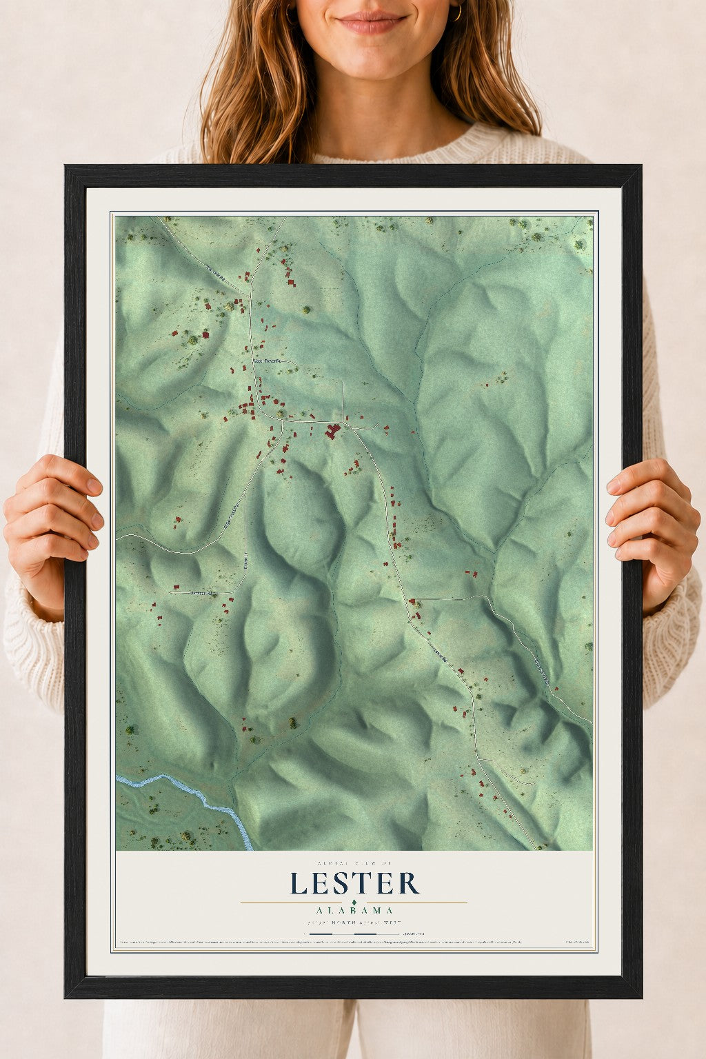 Map of Lester, Alabama, 18 x 24 inch print in a black wood frame
