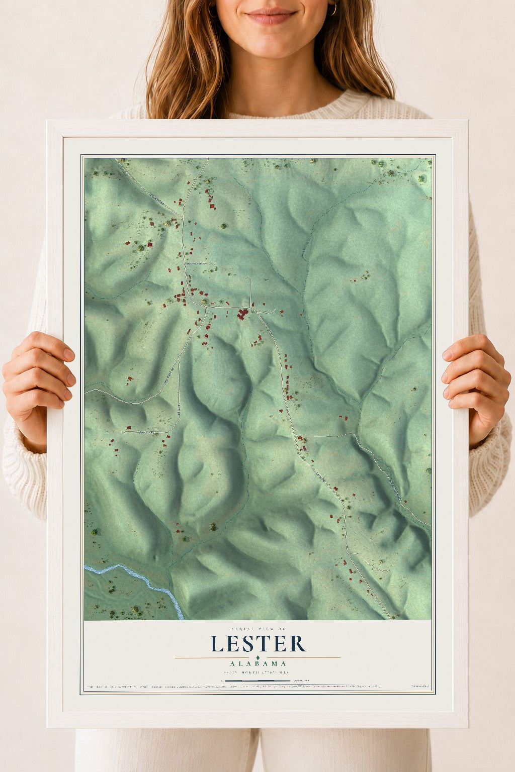 Map of Lester, Alabama, 18 x 24 inch print in a white wood frame