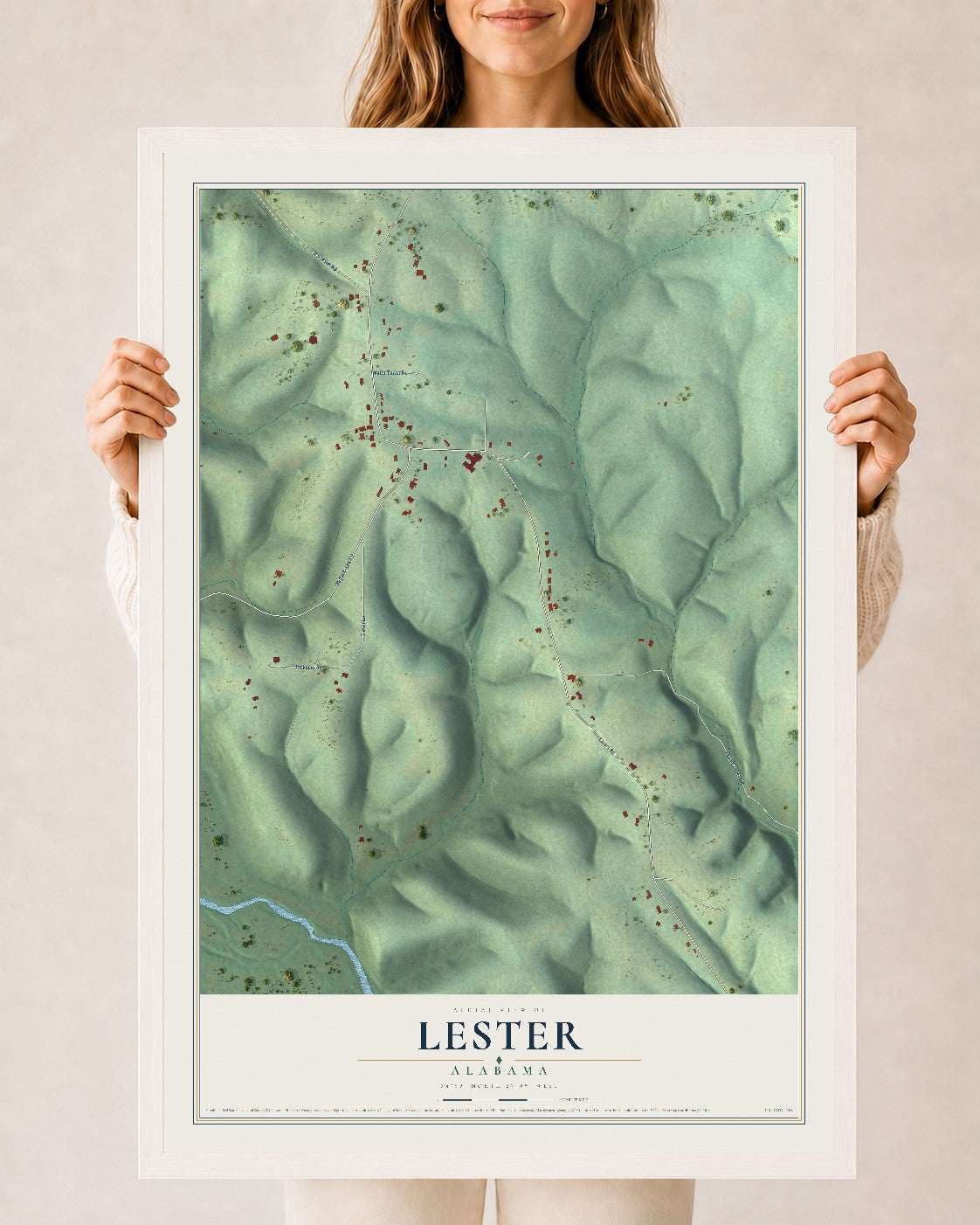 Map of Lester, Alabama, 24 x 36 inch print in a white wood frame