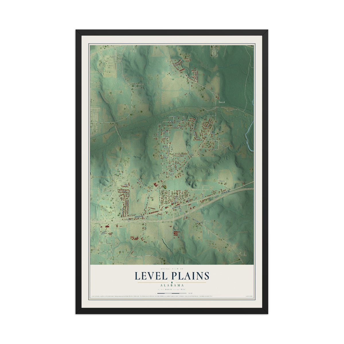 Map of Level Plains, Alabama, 12 x 18 inch print in a black wood frame