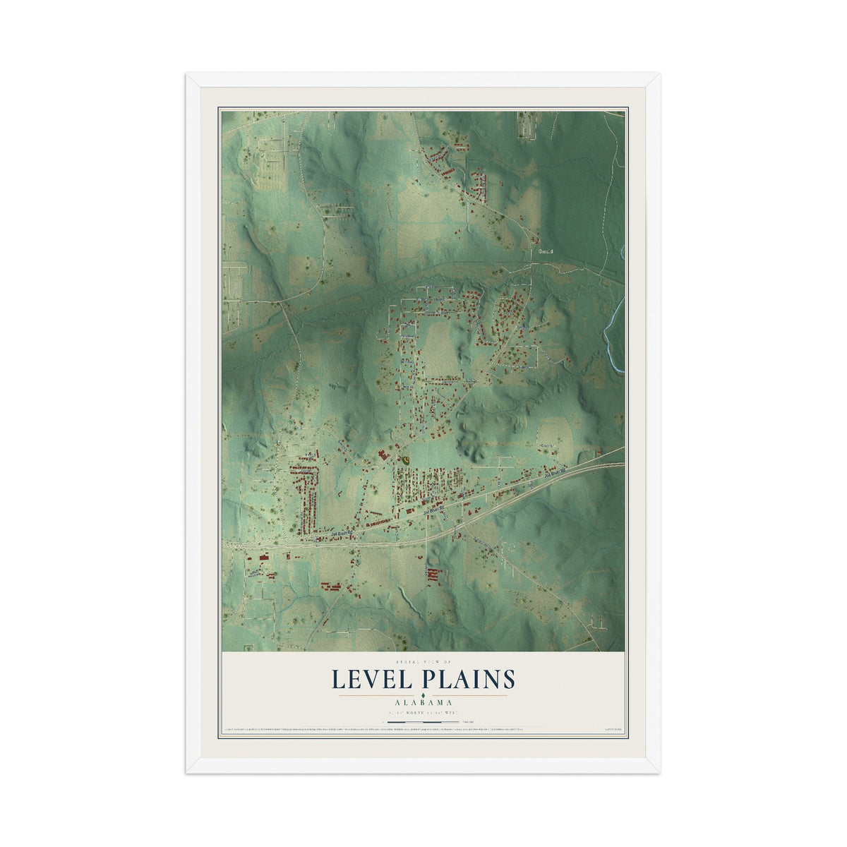 Map of Level Plains, Alabama, 12 x 18 inch print in a white wood frame
