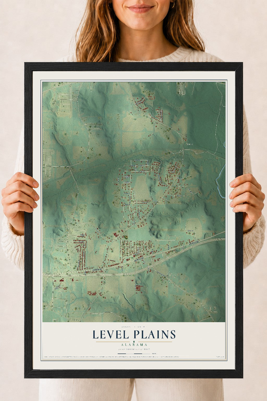 Map of Level Plains, Alabama, 18 x 24 inch print in a black wood frame
