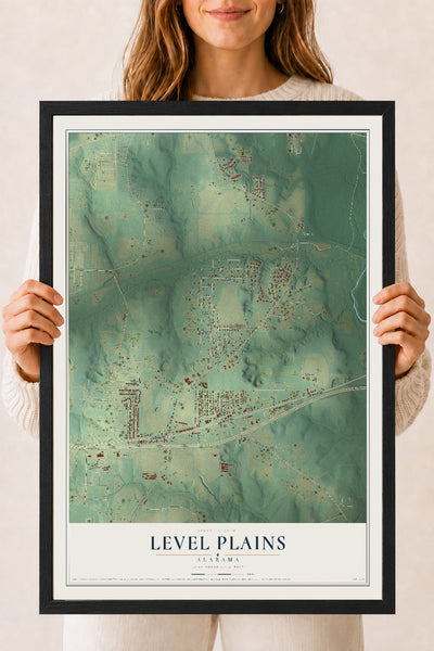 Map of Level Plains, Alabama, 18 x 24 inch print in a black wood frame