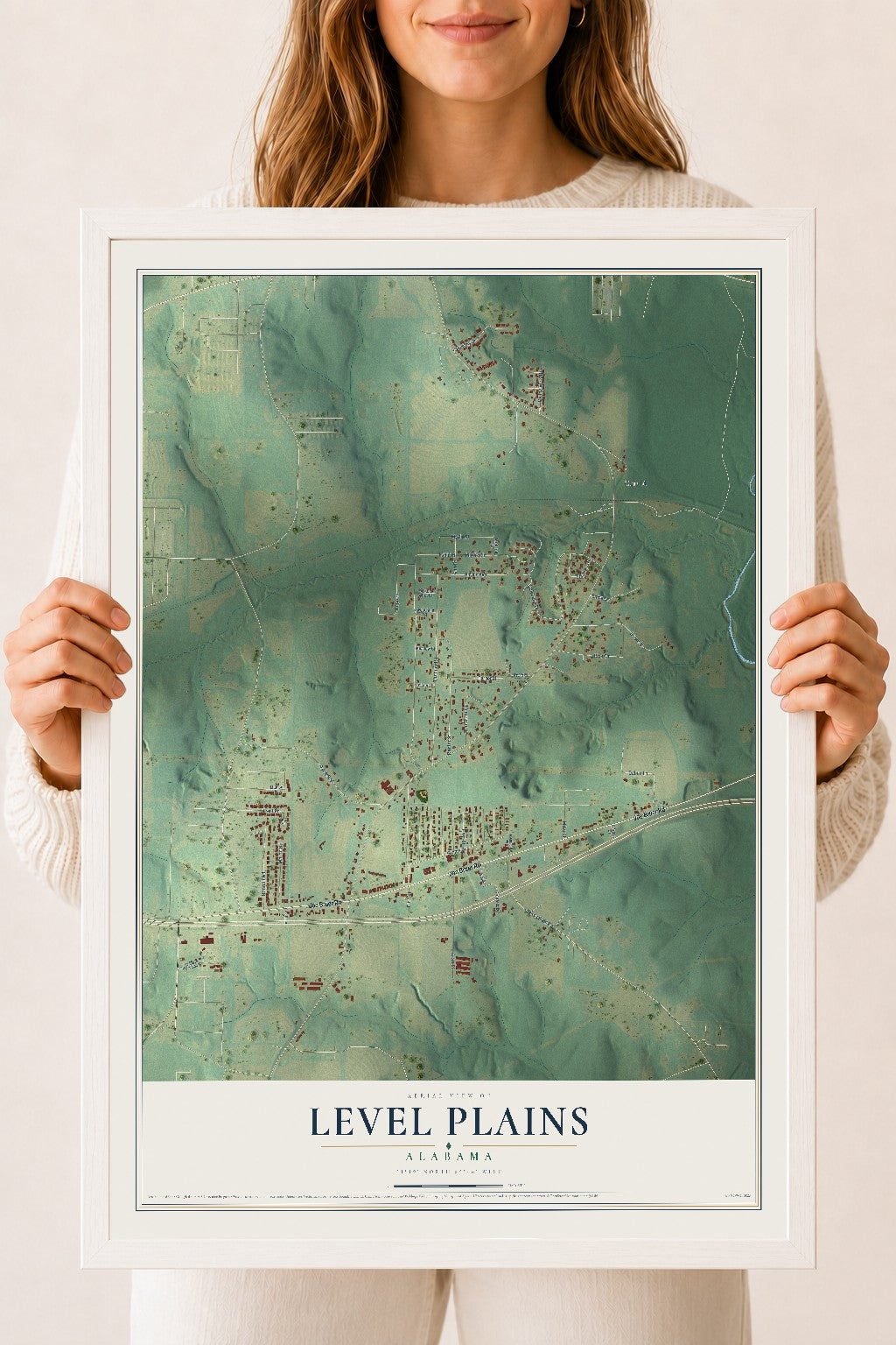 Map of Level Plains, Alabama, 18 x 24 inch print in a white wood frame