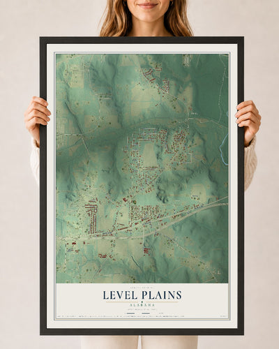 Map of Level Plains, Alabama, 24 x 36 inch print in a black wood frame