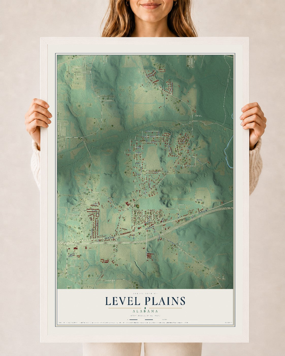 Map of Level Plains, Alabama, 24 x 36 inch print in a white wood frame