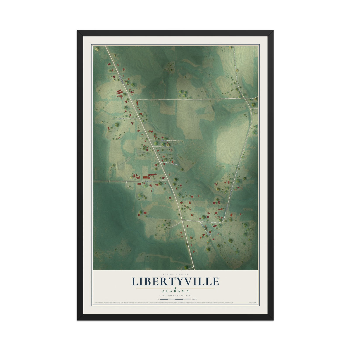 Map of Libertyville, Alabama, 12 x 18 inch print in a black wood frame
