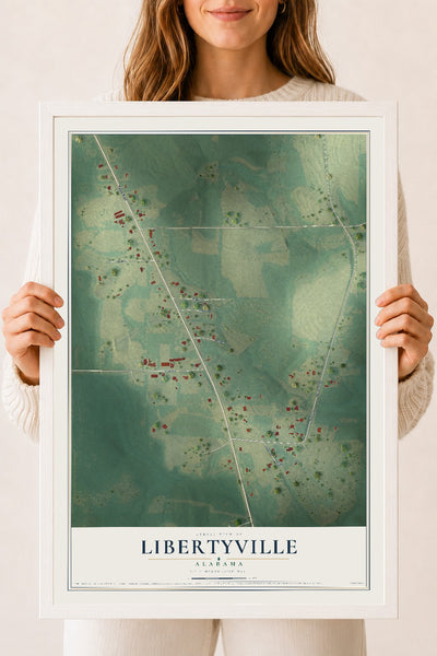 Map of Libertyville, Alabama, 18 x 24 inch print in a white wood frame