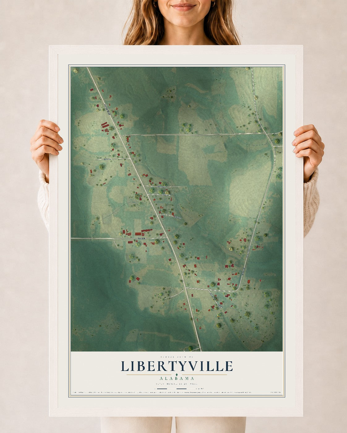 Map of Libertyville, Alabama, 24 x 36 inch print in a white wood frame