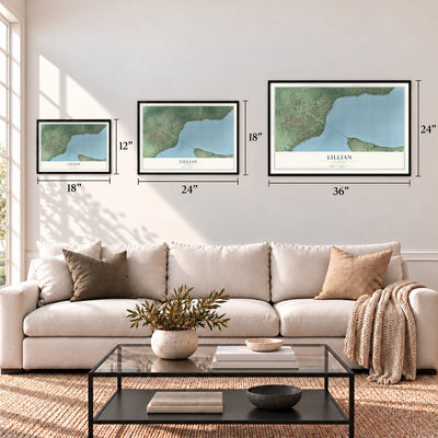 Lillian, Alabama map in 12 x 18, 18 x 24 and 24 x 36 inch sizes above a sofa