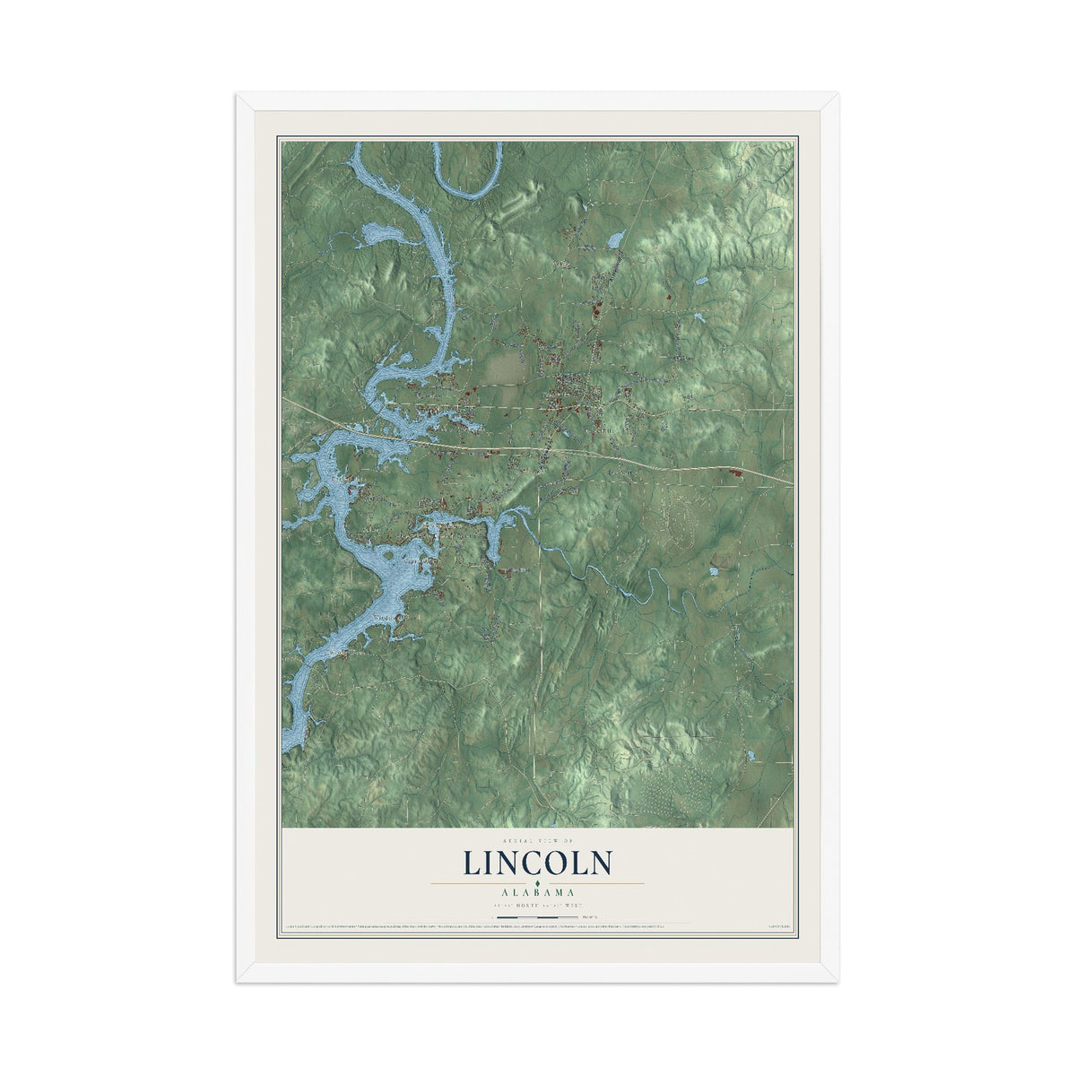 Map of Lincoln, Alabama, 12 x 18 inch print in a white wood frame