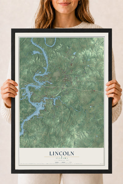 Map of Lincoln, Alabama, 18 x 24 inch print in a black wood frame