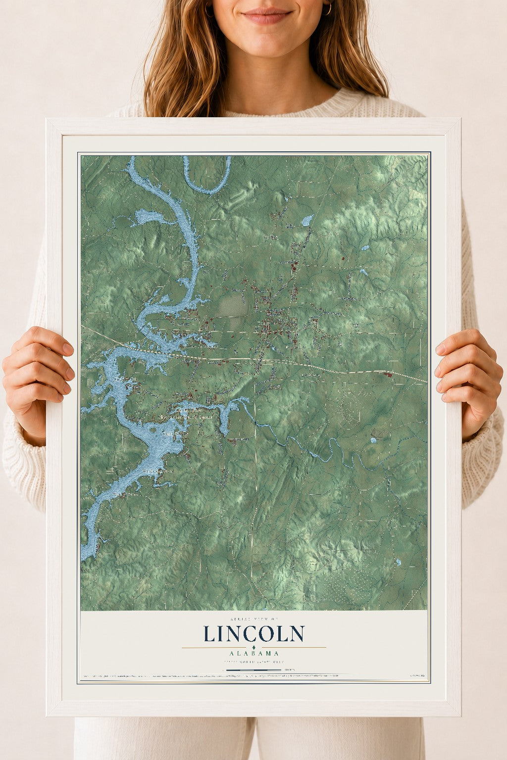 Map of Lincoln, Alabama, 18 x 24 inch print in a white wood frame