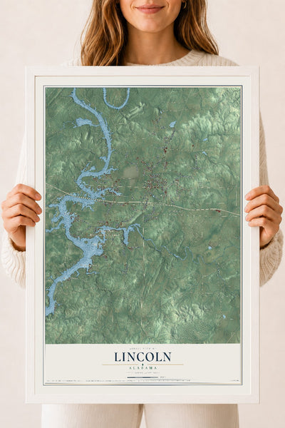 Map of Lincoln, Alabama, 18 x 24 inch print in a white wood frame
