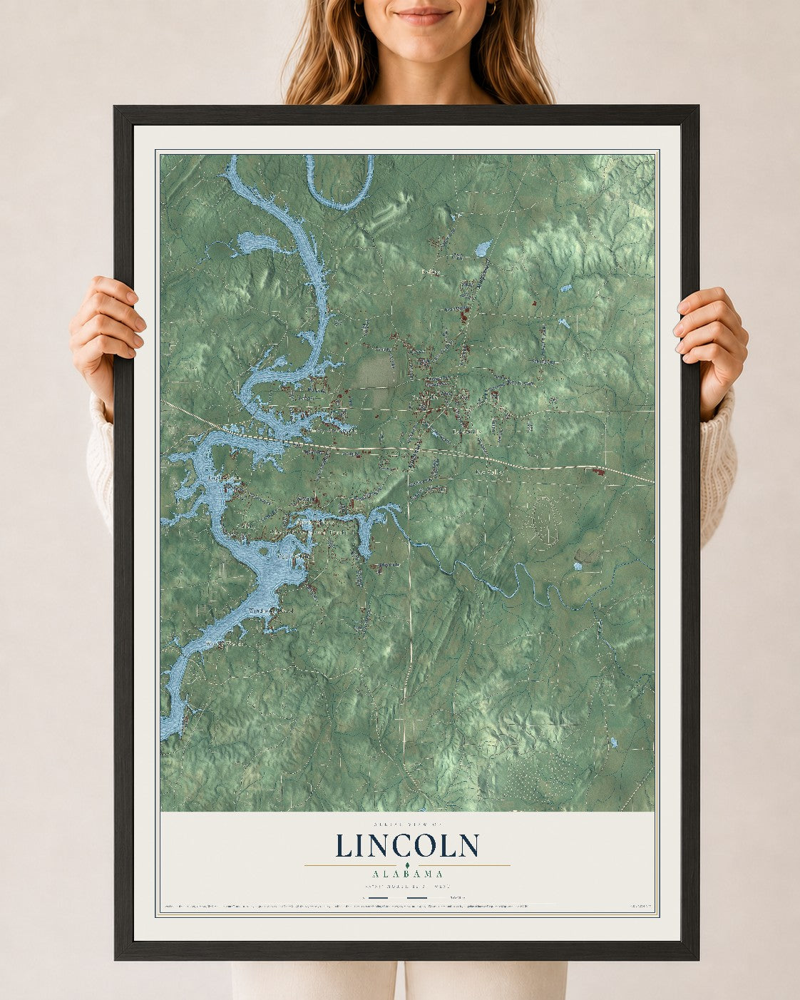 Map of Lincoln, Alabama, 24 x 36 inch print in a black wood frame