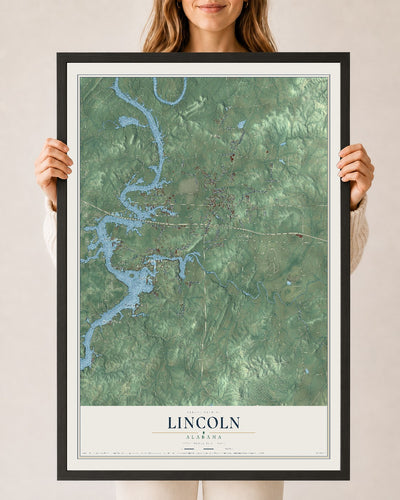 Map of Lincoln, Alabama, 24 x 36 inch print in a black wood frame