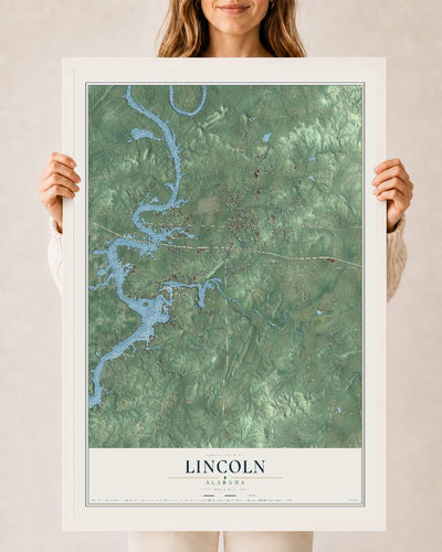 Map of Lincoln, Alabama, 24 x 36 inch print in a white wood frame