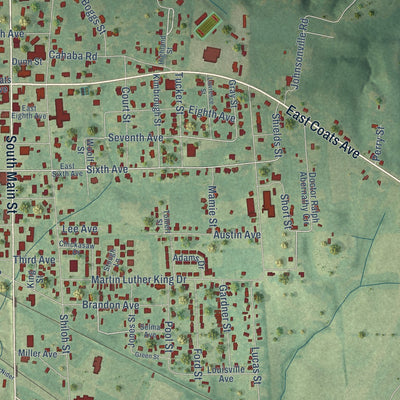 Close-up of the map of Linden, Alabama print showing street and building detail