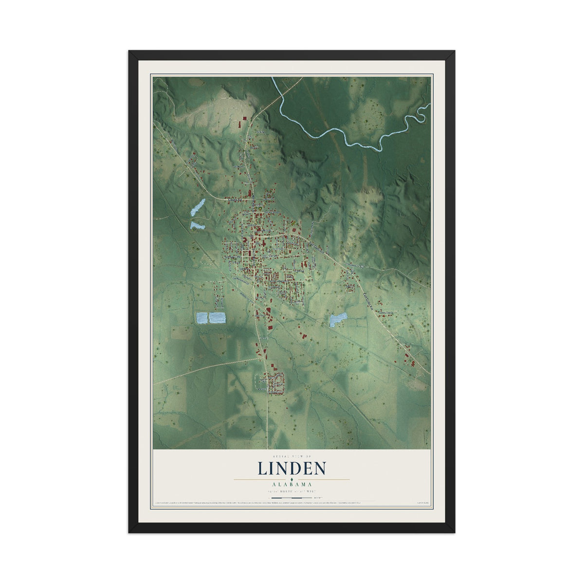 Map of Linden, Alabama, 12 x 18 inch print in a black wood frame