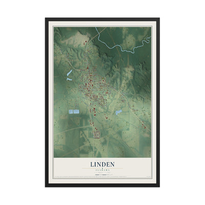 Map of Linden, Alabama, 12 x 18 inch print in a black wood frame