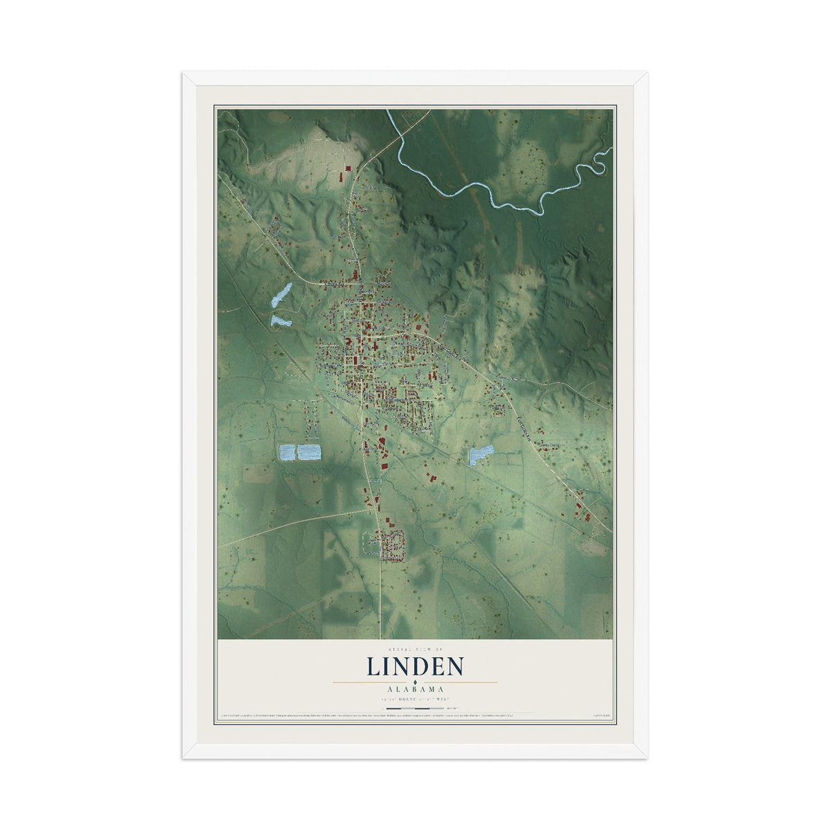 Map of Linden, Alabama, 12 x 18 inch print in a white wood frame