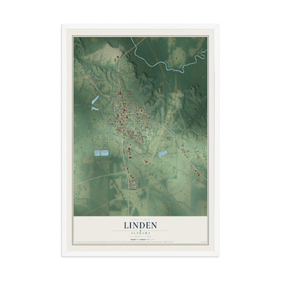 Map of Linden, Alabama, 12 x 18 inch print in a white wood frame