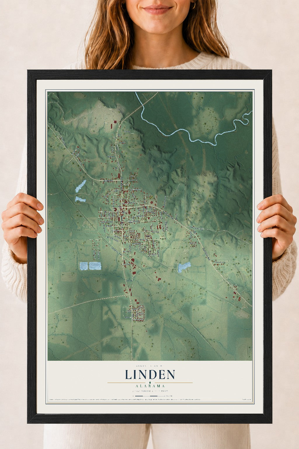 Map of Linden, Alabama, 18 x 24 inch print in a black wood frame