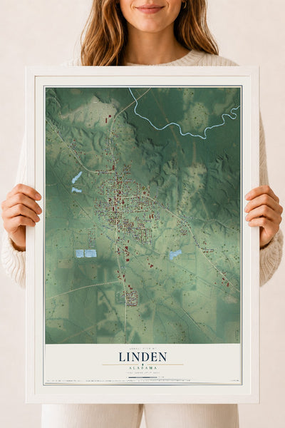 Map of Linden, Alabama, 18 x 24 inch print in a white wood frame