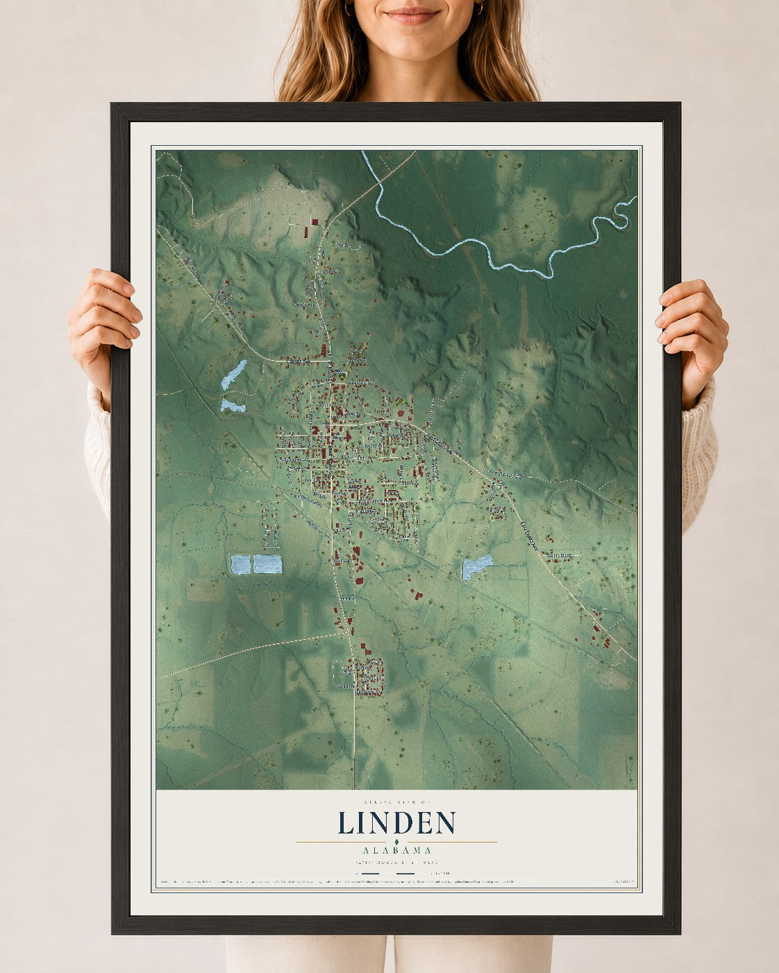 Map of Linden, Alabama, 24 x 36 inch print in a black wood frame