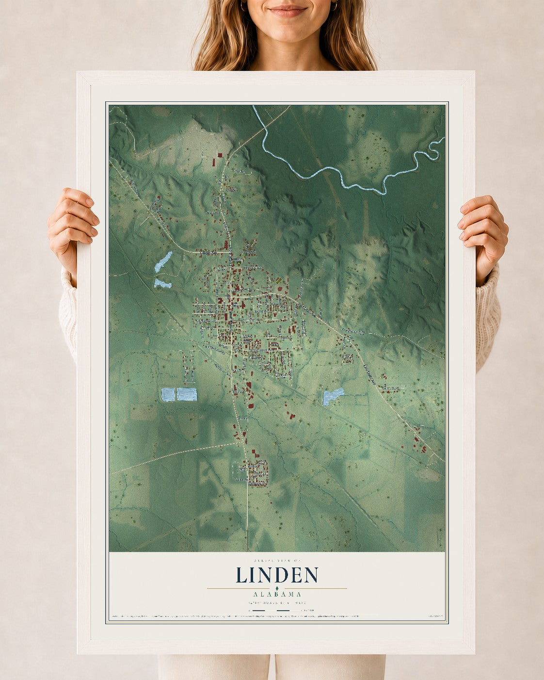 Map of Linden, Alabama, 24 x 36 inch print in a white wood frame