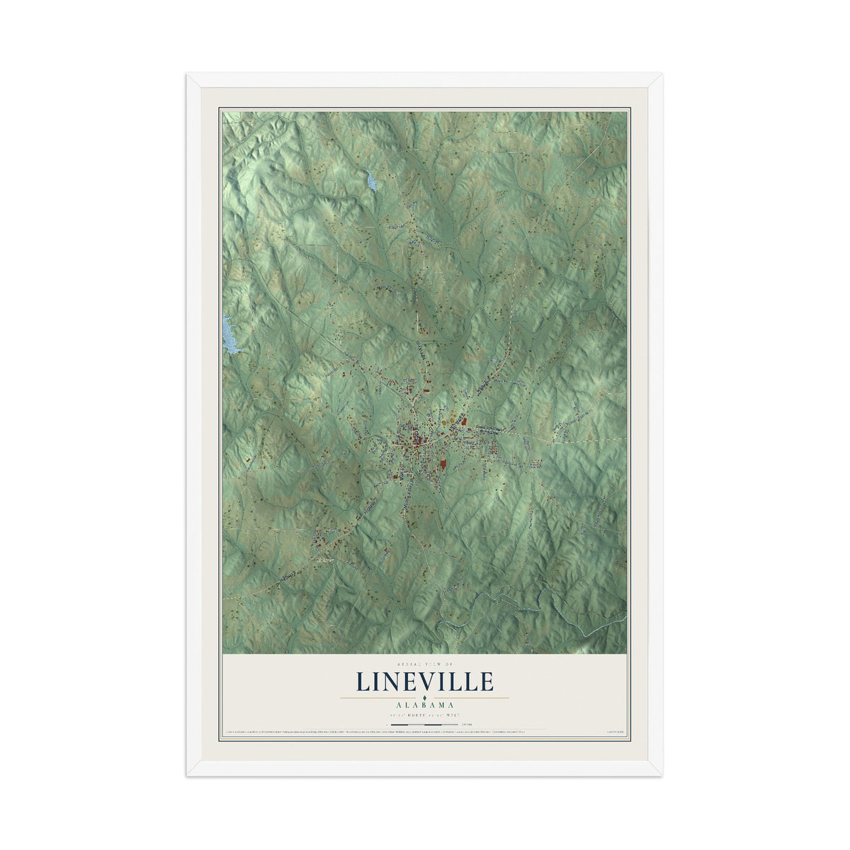Map of Lineville, Alabama, 12 x 18 inch print in a white wood frame