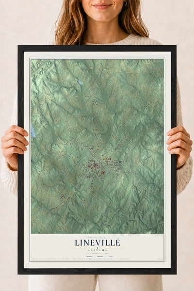 Map of Lineville, Alabama, 18 x 24 inch print in a black wood frame