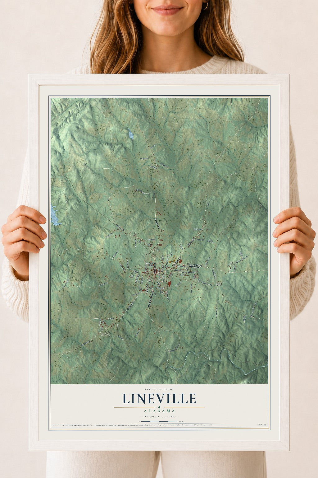 Map of Lineville, Alabama, 18 x 24 inch print in a white wood frame