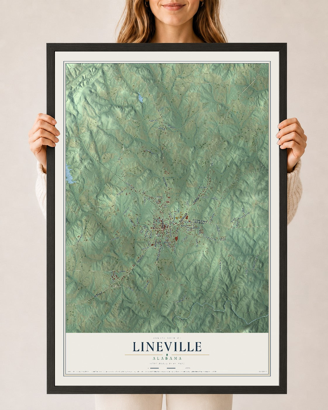 Map of Lineville, Alabama, 24 x 36 inch print in a black wood frame