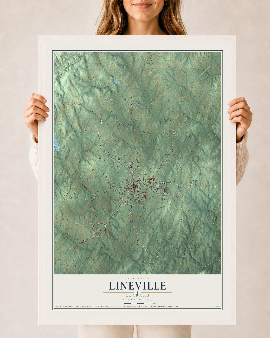 Map of Lineville, Alabama, 24 x 36 inch print in a white wood frame