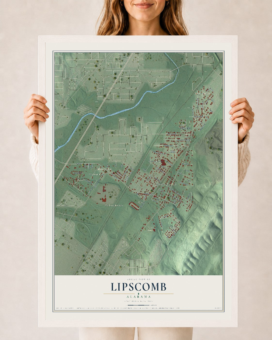 Map of Lipscomb, Alabama, 24 x 36 inch print in a white wood frame