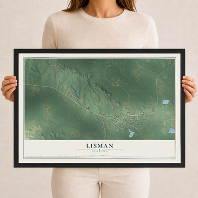 Map of Lisman, Alabama, 12 x 18 inch print in a black wood frame