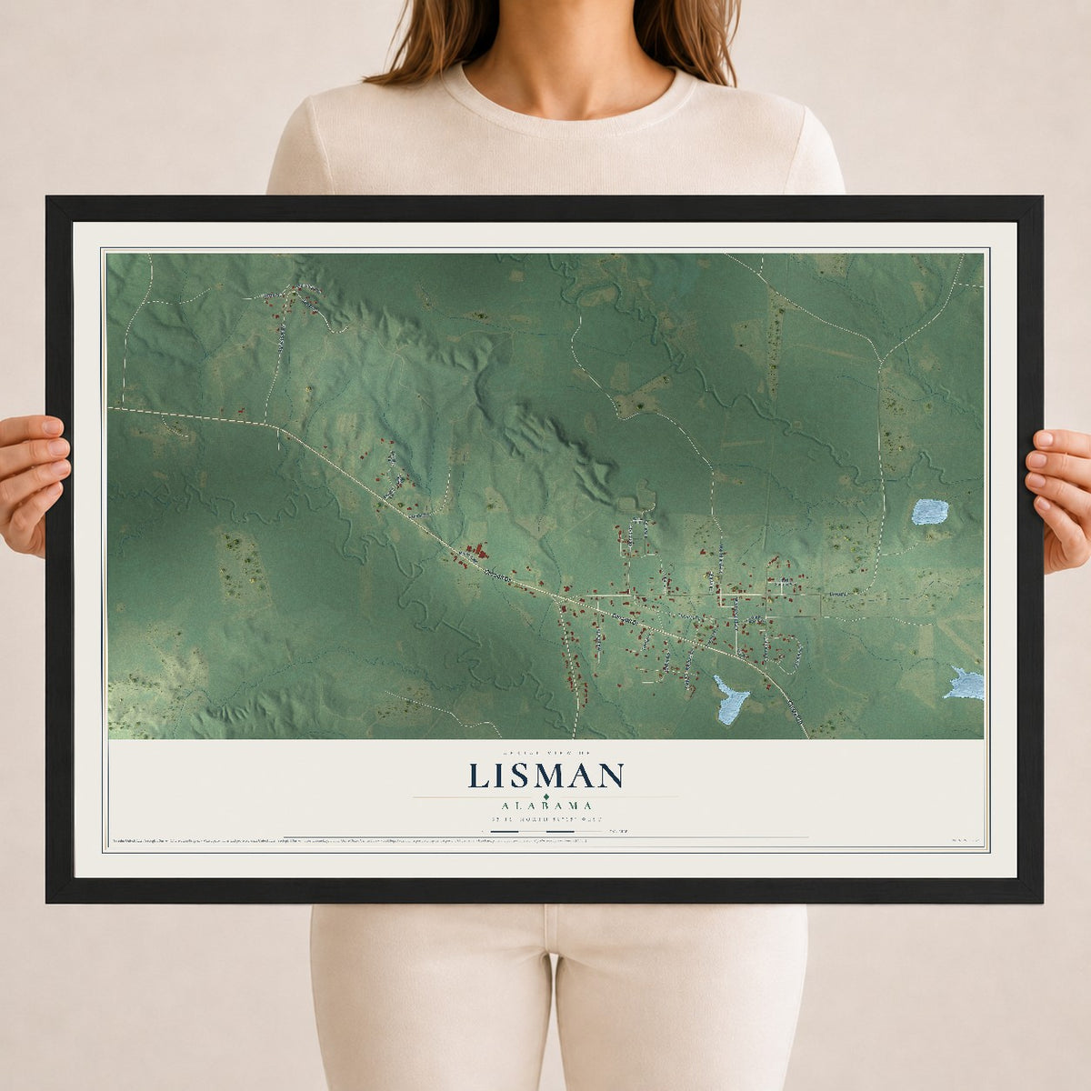 Map of Lisman, Alabama, 18 x 24 inch print in a black wood frame