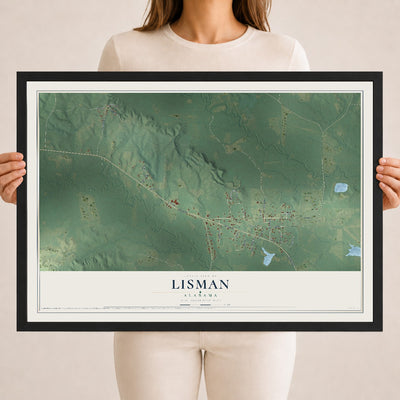 Map of Lisman, Alabama, 18 x 24 inch print in a black wood frame